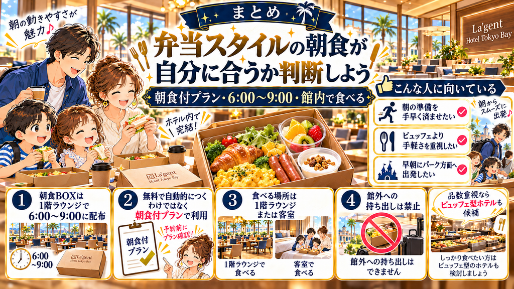 ラ・ジェント・ホテル東京ベイ:「まとめ:弁当スタイルの朝食が自分に合うか判断しよう」の案内イラスト