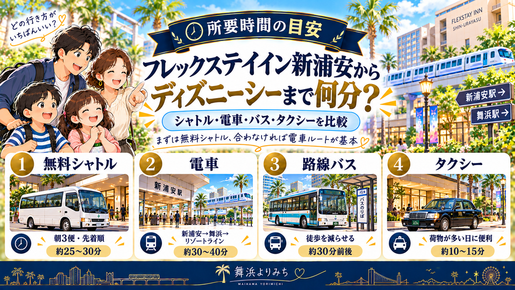 「フレックステイイン新浦安からディズニーシーまで結局何分かかるのか?」の案内イラスト