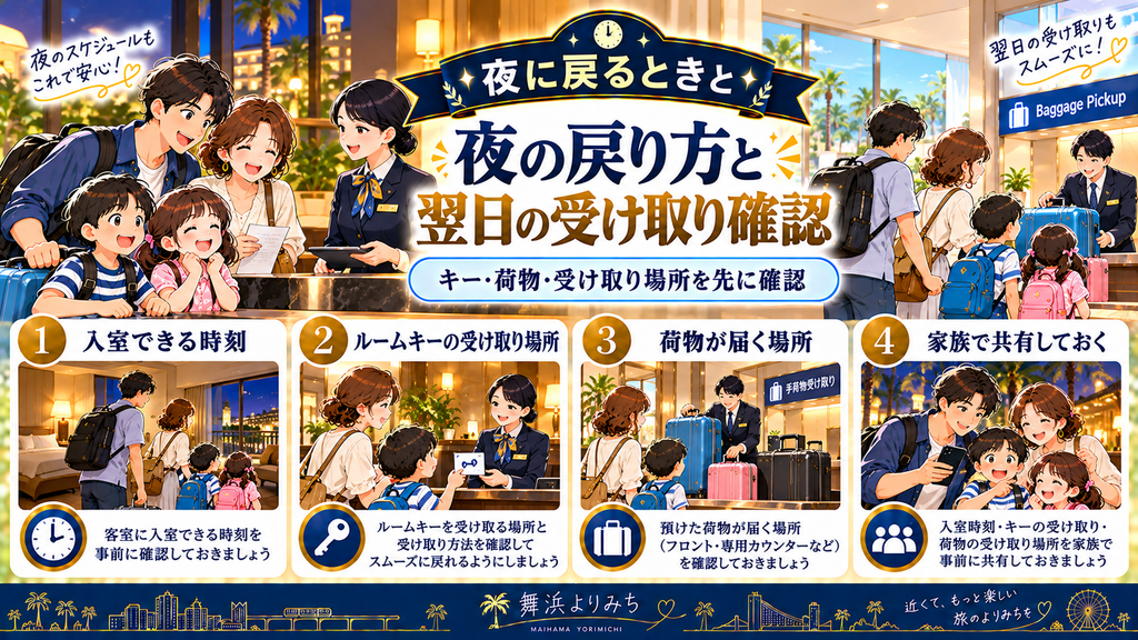 シェラトン・グランデ・トーキョーベイ・ホテル:「夜に戻るときと、翌日の荷物受け取りも決めておこう」の案内イラスト