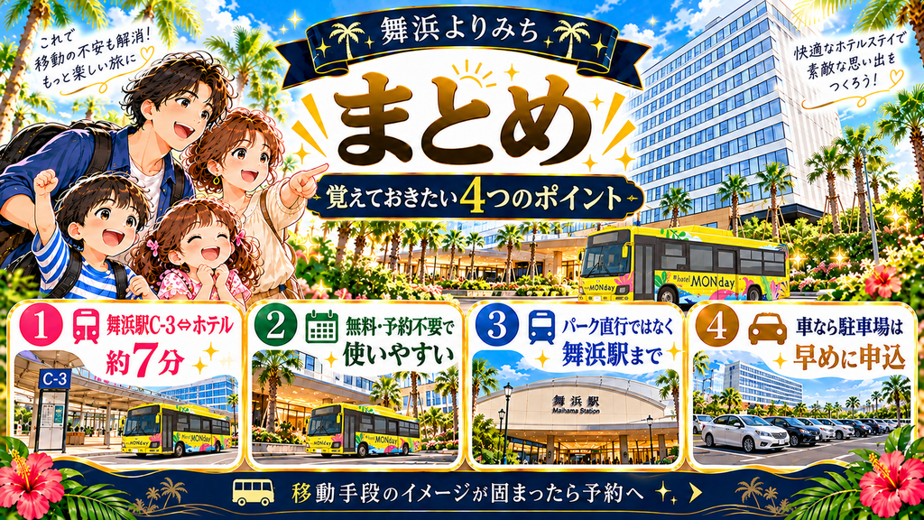 GRAND MONday Resort東京ベイ舞浜の選び方と利用時の確認点をまとめたイラスト