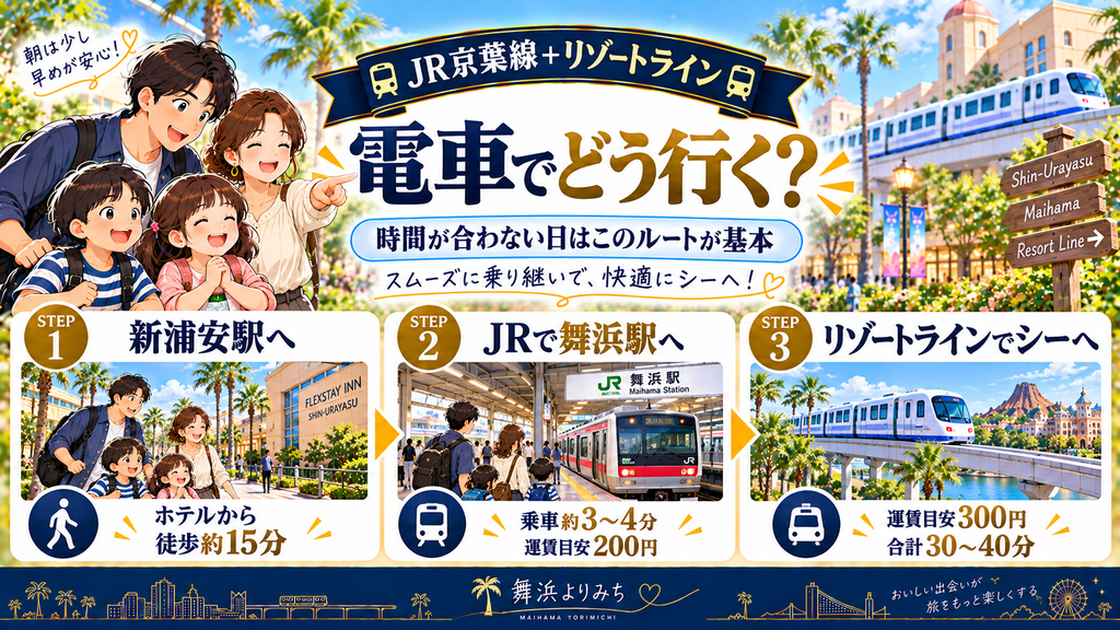フレックステイイン新浦安:「JR京葉線とディズニーリゾートラインを使うとどう行けるのか?」の案内イラスト