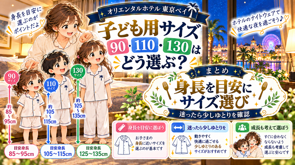 オリエンタルホテル東京ベイ:「子ども用サイズ90・110・130はどう選ぶ?」の案内イラスト