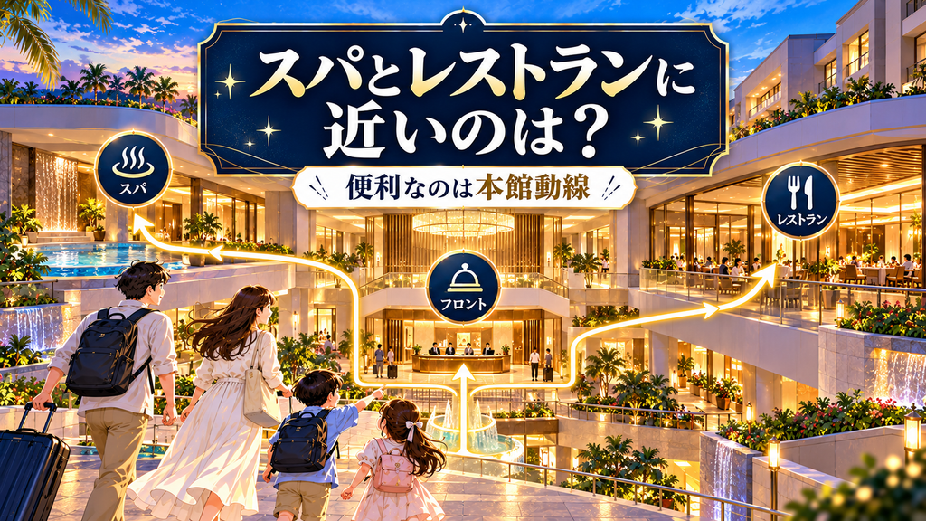 SPA&HOTEL舞浜ユーラシア：「スパとレストランへの近さで選ぶならどっち？」の案内イラスト