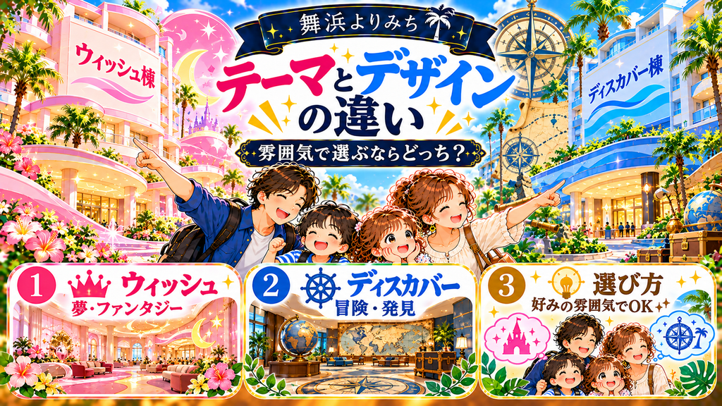 セレブレーションホテル：「テーマとデザインは棟でどう違うのか？」の案内イラスト