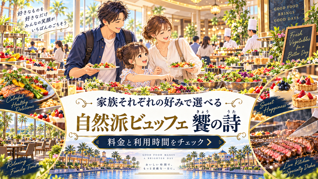 自然派ビュッフェ饗の詩で料理を選ぶ家族のイラスト