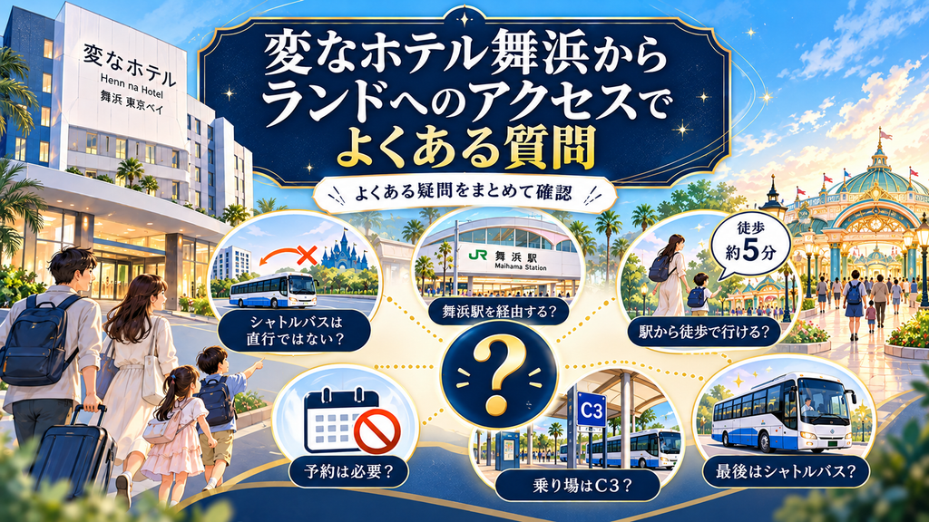 「変なホテル舞浜 東京ベイからランドへのアクセスでよくある質問」の案内イラスト