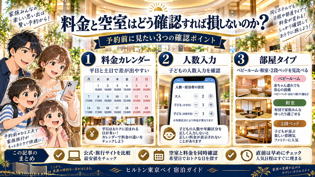 日和ホテル舞浜：「料金と空室はどう確認すれば損しないのか？」の案内イラスト