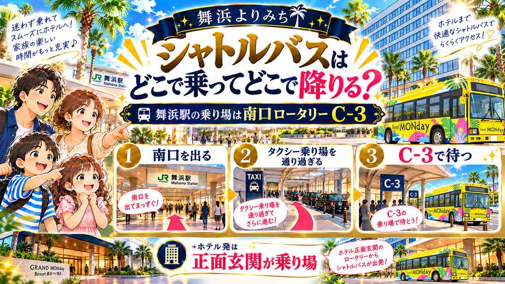 GRAND MONday Resort東京ベイ舞浜：「シャトルバスはどこで乗ってどこで降りるのか？」の案内イラスト