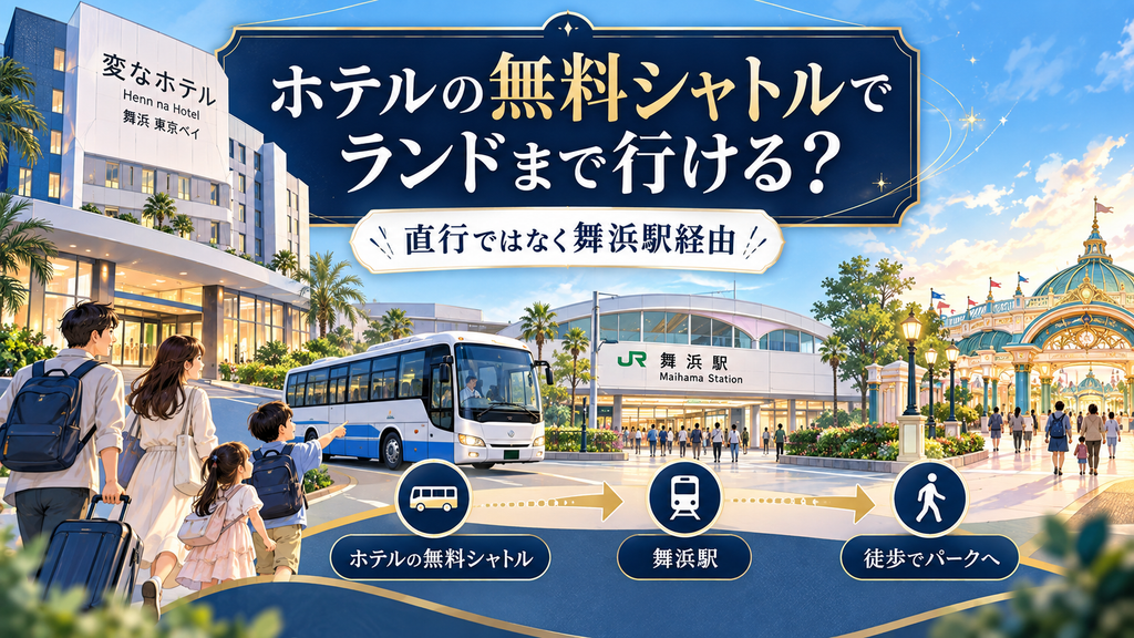変なホテル舞浜 東京ベイ：「ホテルの無料シャトルでランドまで行ける？」の案内イラスト