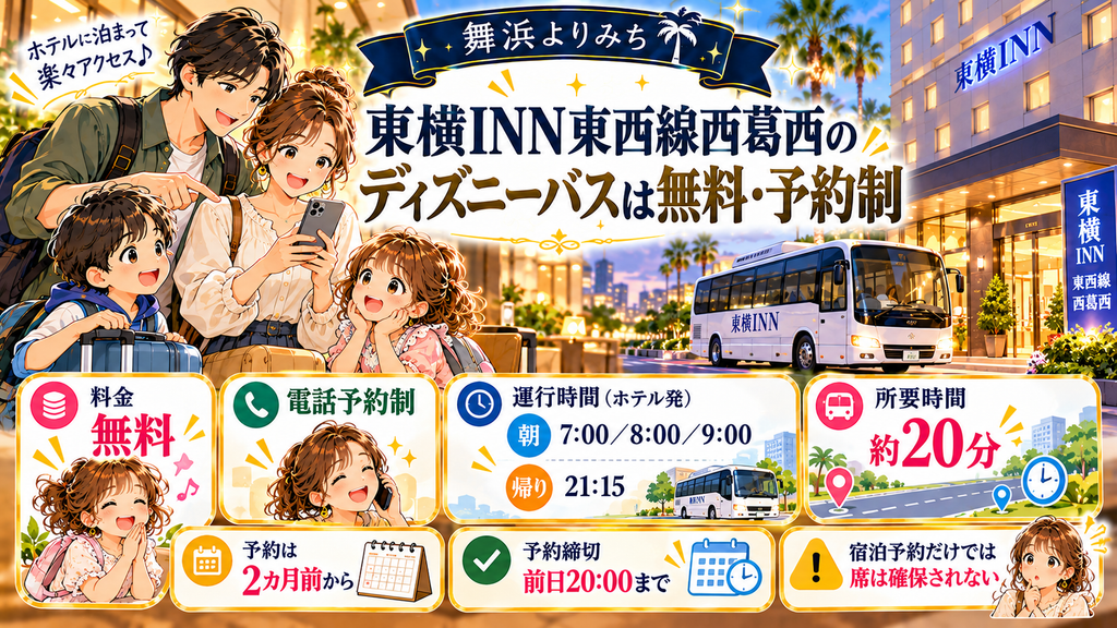 「東横INN東西線西葛西のディズニーバスは無料・予約制」の案内イラスト