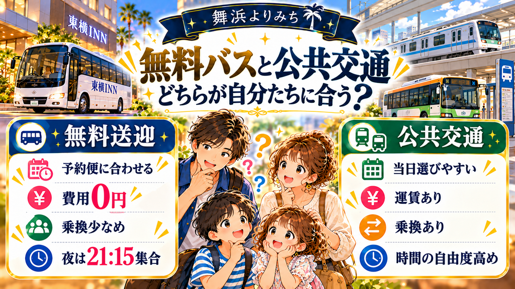 東横INN東西線西葛西:「無料バスと公共交通、どちらが自分たちに合う?」の案内イラスト
