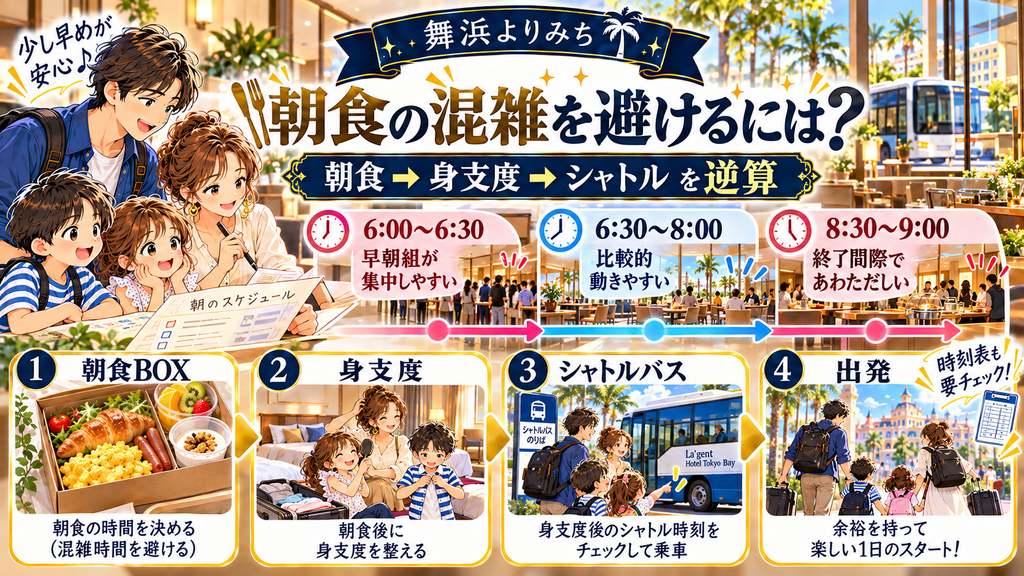 ラ・ジェント・ホテル東京ベイ:「朝食で混雑を避けるにはどう動けばいいのか?」の案内イラスト