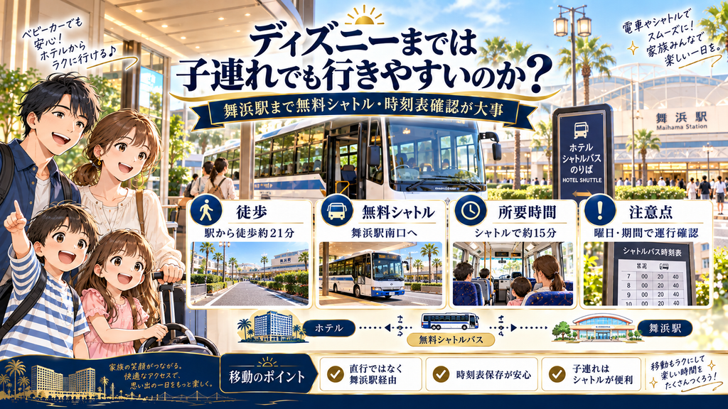 日和ホテル舞浜：「ディズニーまでは子連れでも行きやすいのか？」の案内イラスト