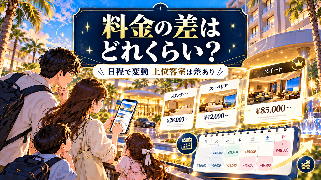 SPA&HOTEL舞浜ユーラシア：「宿泊料金の差は棟によってどれくらい出る？」の案内イラスト
