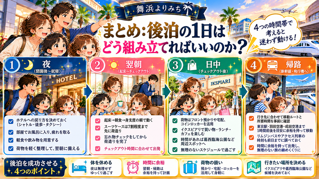 ディズニー後泊の過ごし方:「まとめ:後泊の1日はどう組み立てればいいのか」の案内イラスト