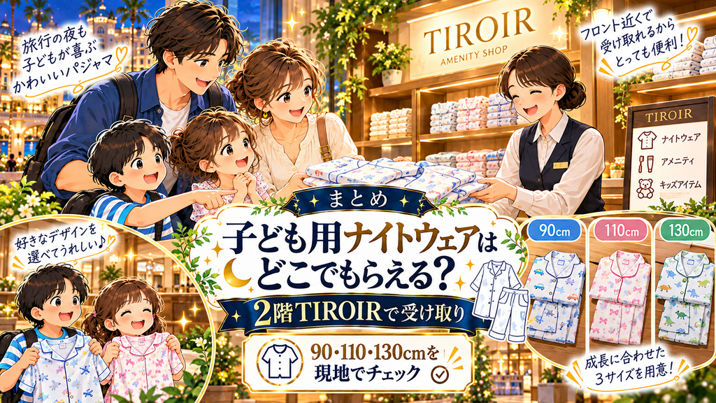 オリエンタルホテル東京ベイ:「子ども用のナイトウェアはどこでもらえる?」の案内イラスト