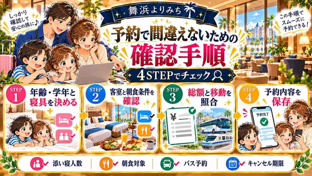 ディズニー周辺の小学生添い寝無料ホテル:「予約で間違えないための確認手順」の案内イラスト