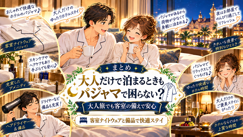 オリエンタルホテル東京ベイ:「大人だけで泊まるときもパジャマで困らないのか?」の案内イラスト