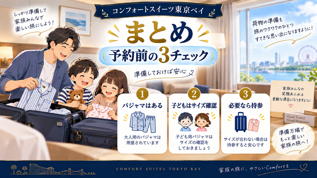 コンフォートスイーツ東京ベイでの滞在準備をイメージしたまとめイラスト