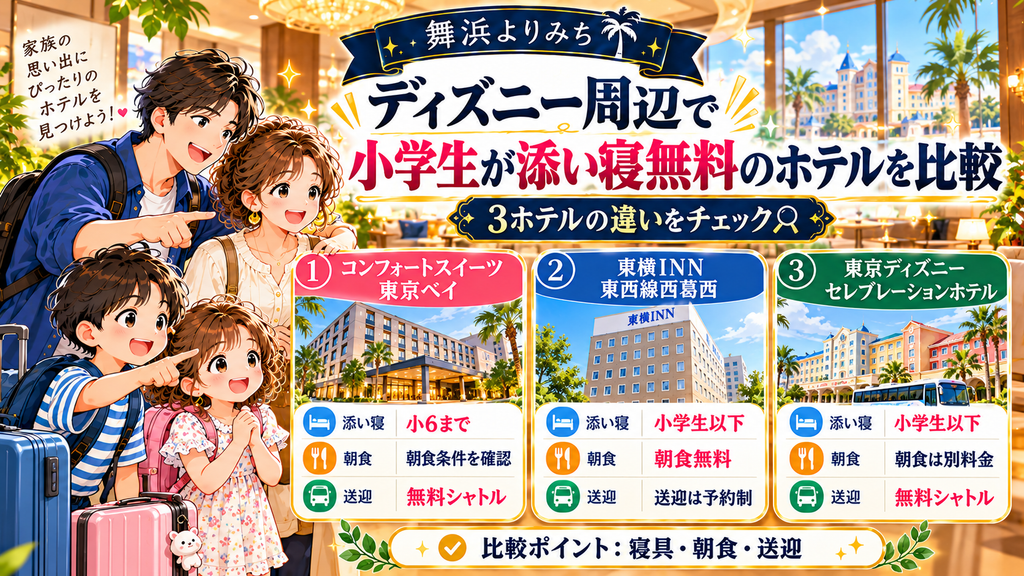 ディズニー周辺の小学生添い寝無料ホテル:「ディズニー周辺で小学生が添い寝無料のホテルを比較」の案内イラスト