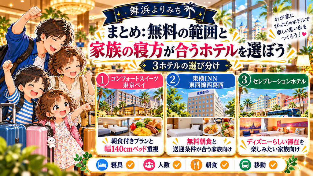 ディズニー周辺の小学生添い寝無料ホテル:「まとめ:無料の範囲と家族の寝方が合うホテルを選ぼう」の案内イラスト