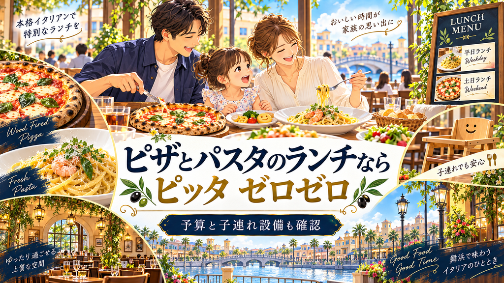 ピッタゼロゼロでピザとパスタを楽しむ家族のイラスト