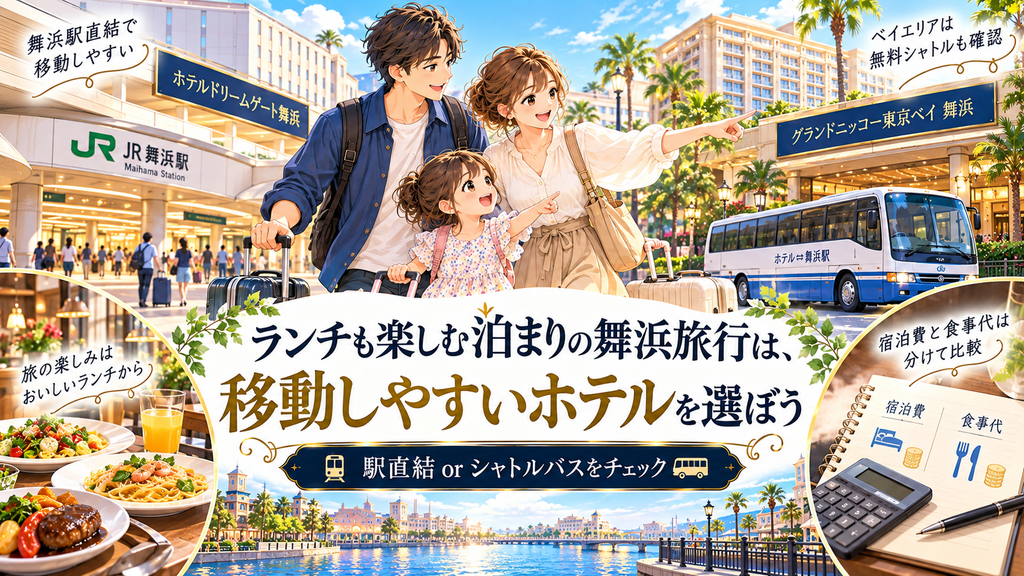 ランチと移動の予定に合わせて舞浜周辺ホテルを選ぶ図解