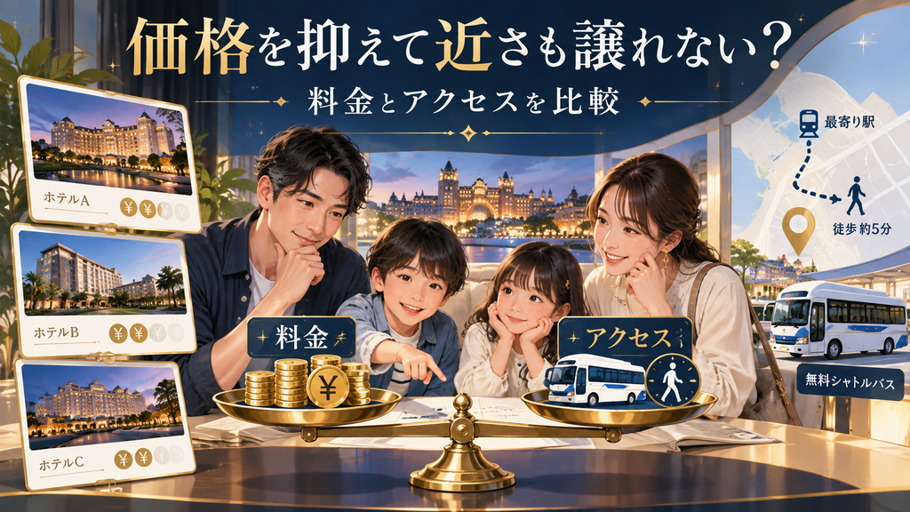 ディズニー周辺ホテル：「価格を抑えつつ近さも譲れないならどう選べばいいのか？」の案内イラスト