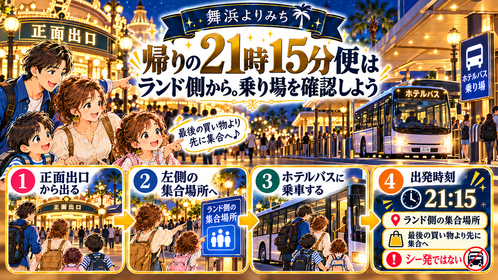 東横INN東西線西葛西:「帰りの21時15分便はランド側から。乗り場を確認しよう」の案内イラスト