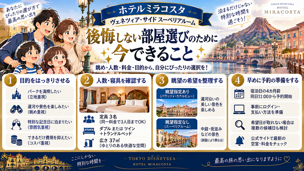 ミラコスタの部屋選びで眺望・人数・料金を確認する図解