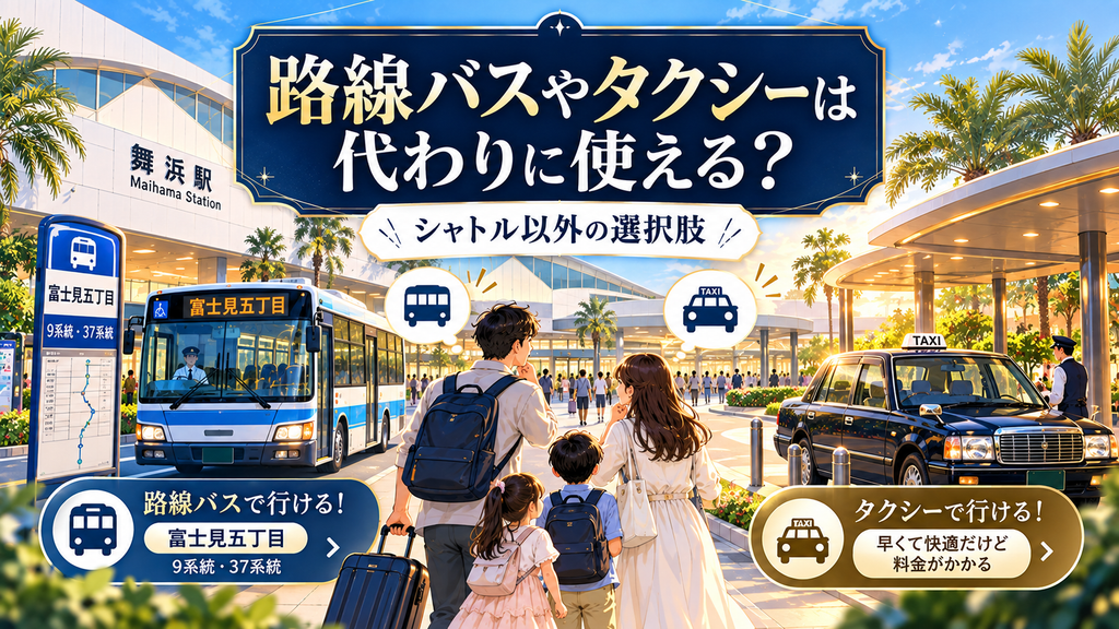 変なホテル舞浜 東京ベイ：「路線バスやタクシーは代わりに使える？」の案内イラスト
