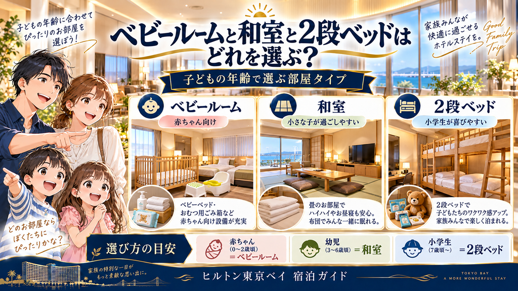 日和ホテル舞浜：「ベビールームと和室と2段ベッドはどれを選ぶ？」の案内イラスト