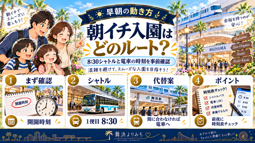 フレックステイイン新浦安:「朝イチ入園を目指すならどのルートが安心なのか?」の案内イラスト