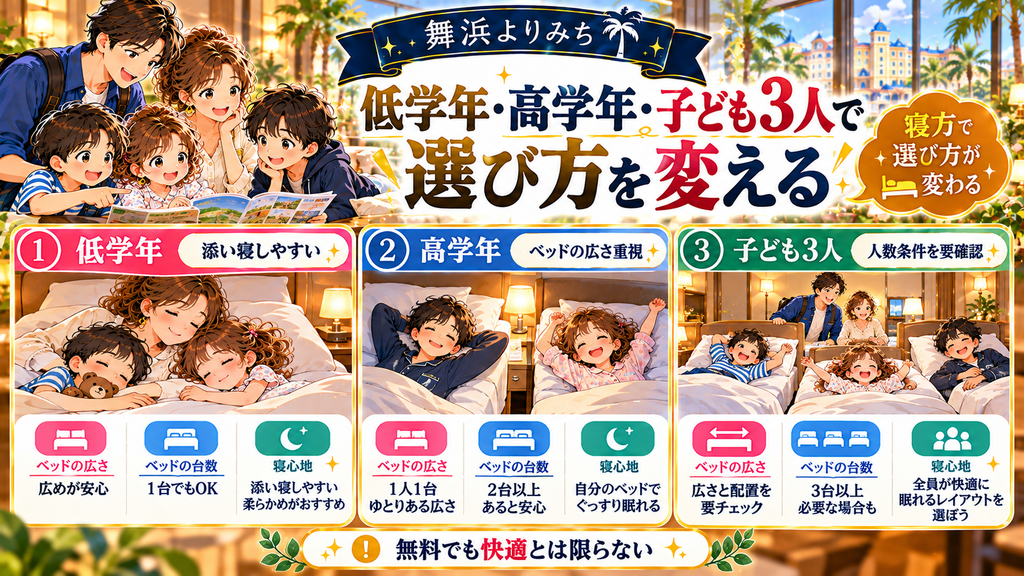 ディズニー周辺の小学生添い寝無料ホテル:「低学年・高学年・子ども3人で選び方を変える」の案内イラスト