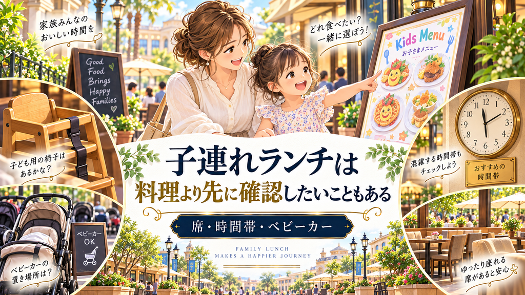 子連れランチで席・子ども用メニュー・ベビーカーを確認する図解
