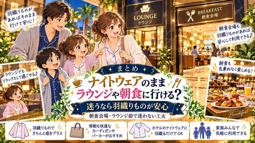 オリエンタルホテル東京ベイ:「ナイトウェアのままラウンジや朝食に行ける?」の案内イラスト