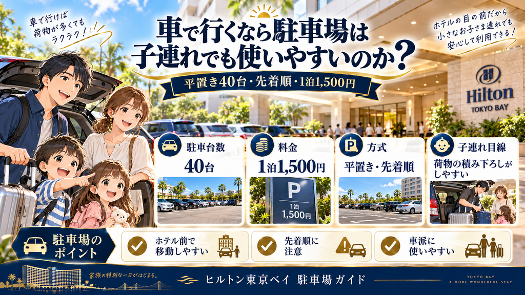 日和ホテル舞浜：「車で行くなら駐車場は子連れでも使いやすいのか？」の案内イラスト