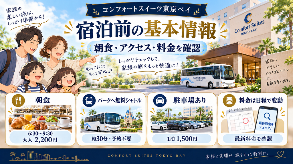 朝食・アクセス・宿泊料金など予約前の確認ポイントを表すイメージイラスト