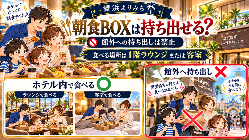 ラ・ジェント・ホテル東京ベイ:「朝食BOXを持ち出して使うことはできるのか?」の案内イラスト