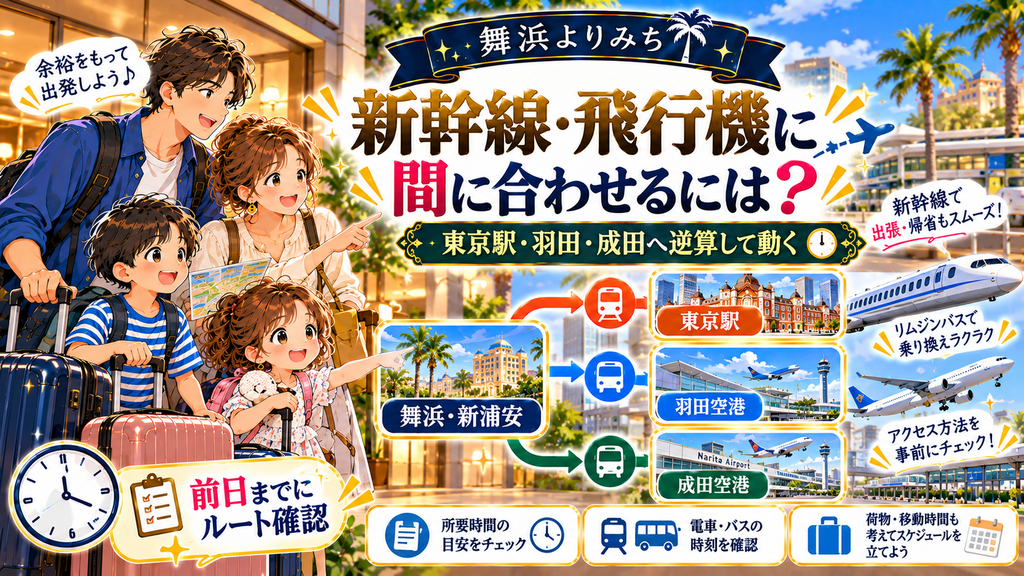 ディズニー後泊の過ごし方:「帰りの新幹線や飛行機に間に合わせるにはどう動けばいいのか?」の案内イラスト