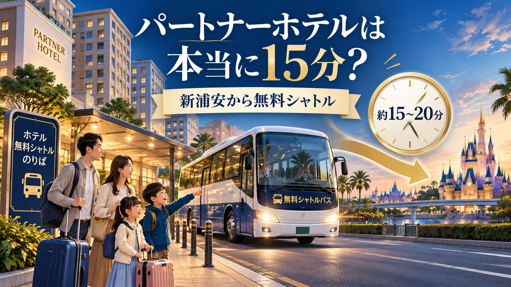 ディズニー周辺ホテル：「パートナーホテルは本当に15分で着くのか？」の案内イラスト