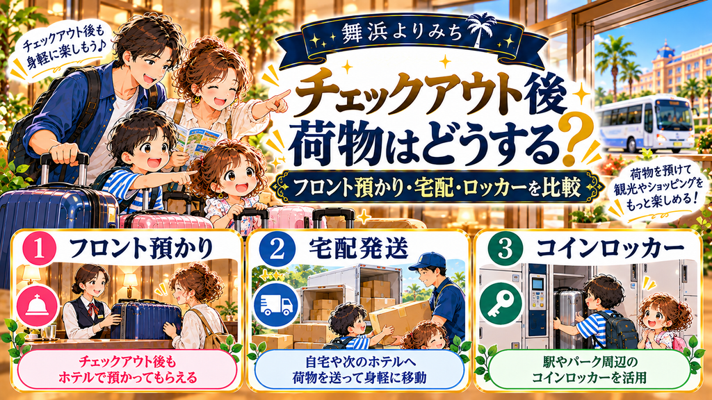 ディズニー後泊の過ごし方:「チェックアウト後の荷物はどう扱えばいいのか?」の案内イラスト
