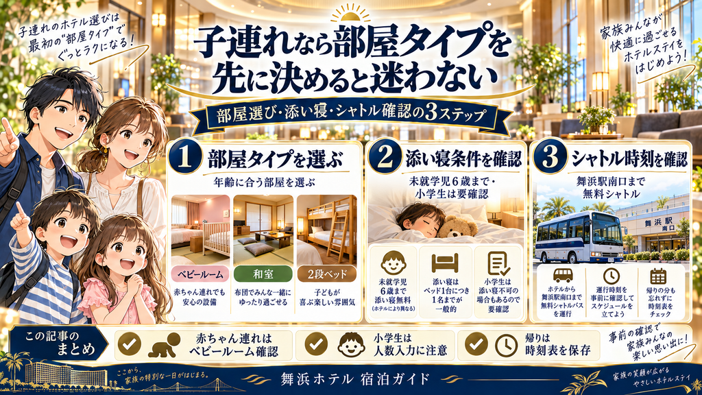 日和ホテル舞浜：「子連れなら部屋タイプを先に決めると迷わない」の案内イラスト
