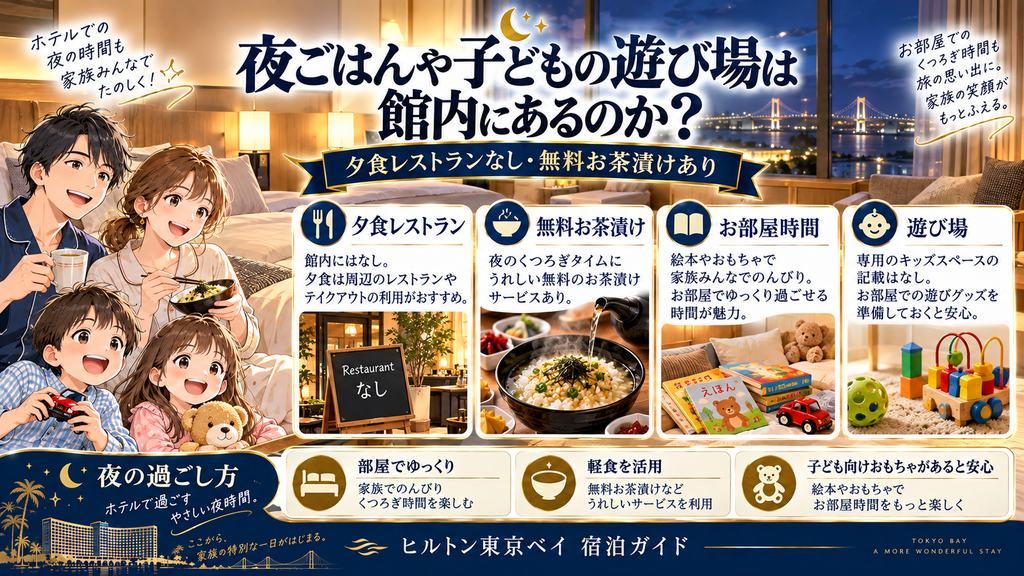 日和ホテル舞浜：「夜ごはんや子どもの遊び場は館内にあるのか？」の案内イラスト