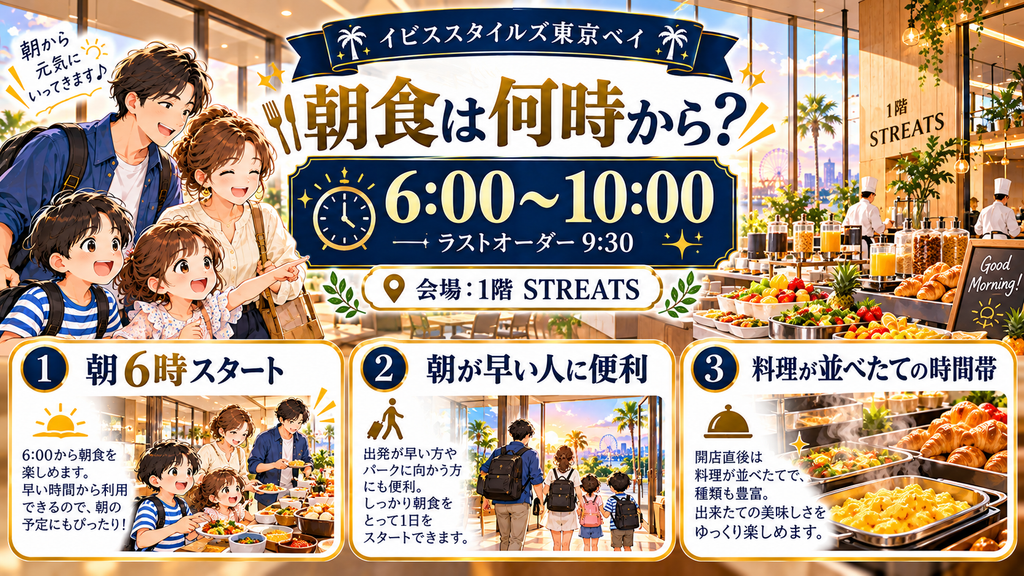 イビススタイルズ東京ベイ：「朝食は何時から何時まで利用できるのか？」の案内イラスト