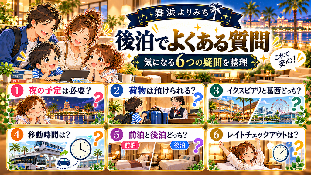ディズニー後泊の過ごし方の利用に関するよくある質問をまとめたイラスト