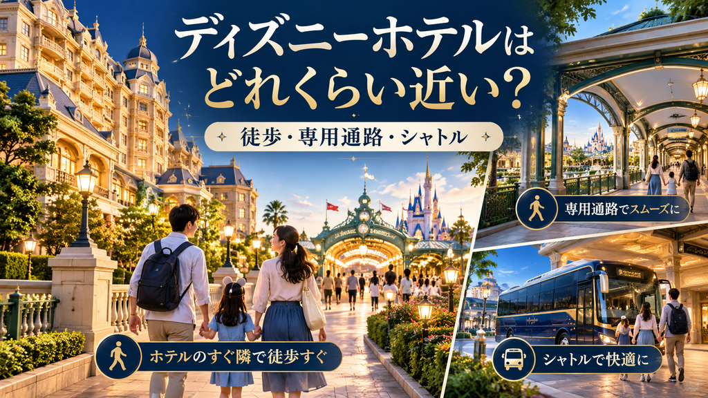 ディズニー周辺ホテル：「ディズニーホテルはパークにどれくらい近いのか？」の案内イラスト