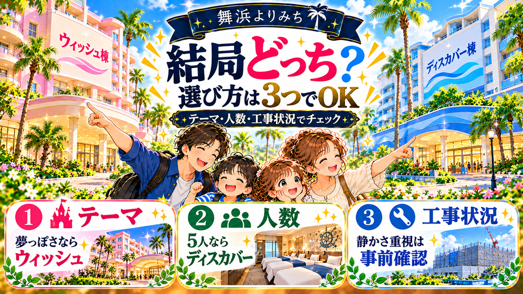 「セレブレーションホテルはウィッシュとディスカバーどっちを選べばいいのか？」の案内イラスト