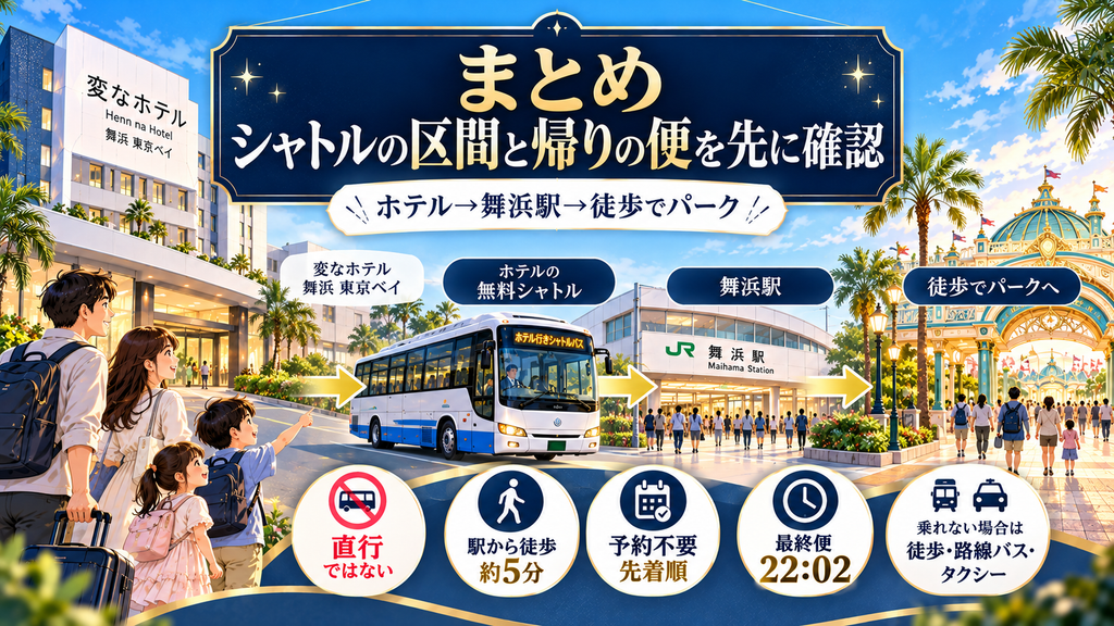 変なホテル舞浜 東京ベイ：「まとめ　シャトルの区間と帰りの便を先に確認」の案内イラスト