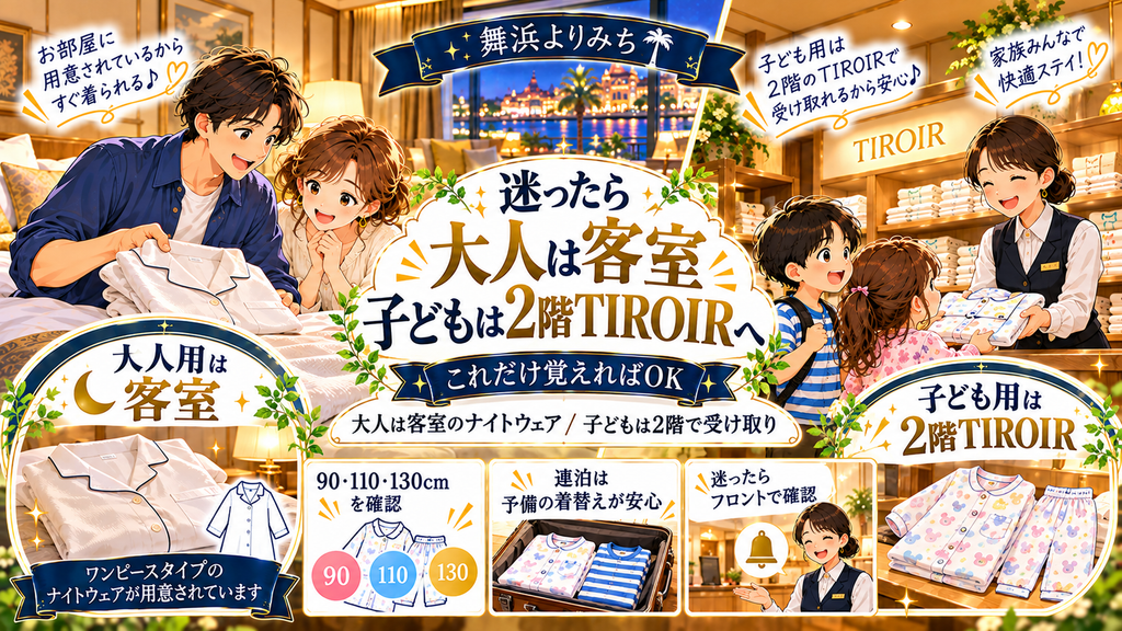 オリエンタルホテル東京ベイ:「迷ったら大人は客室のもの、子どもは2階のティロワールへ」の案内イラスト